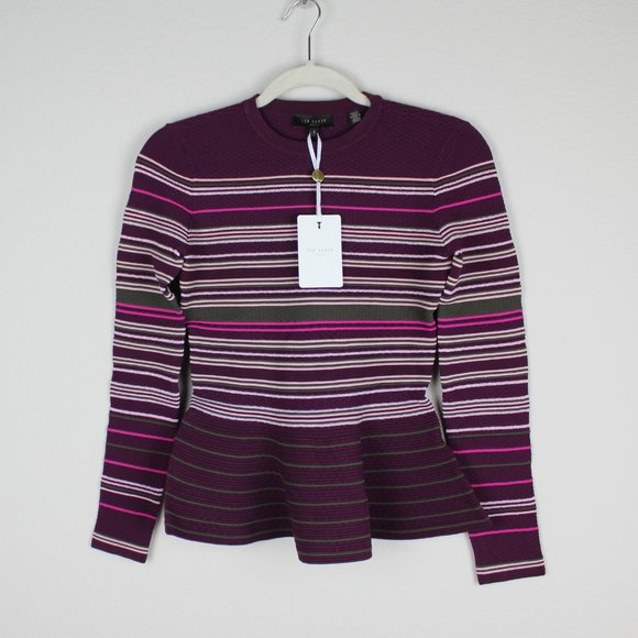 NWT TED BAKER LONDON Stripe Crew Neck Peplum Sweater - Picture 2 of 8